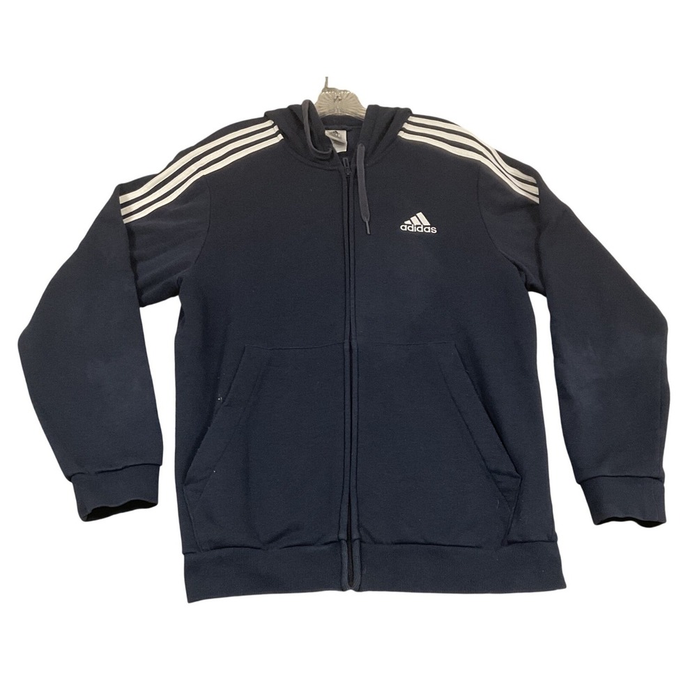 Adidas Full Zip Hoodie Mens Size Large Navy Blue Good 3 Stripe Fleece Logo